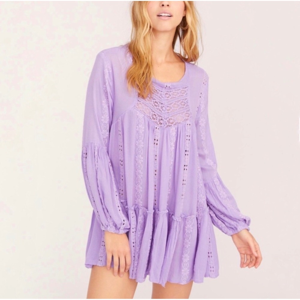 Free People Kiss Kiss Lilac Embroidered Tunic Babydoll Top Boho Open Back M